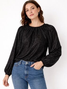 Express Black White Velvet Detail Blouse Small | Sheer Long Sleeve Party Top